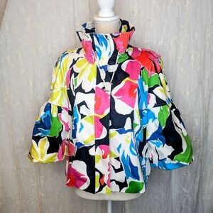 Cache' Multicolor Cropped Floral & Geometric Jacket With Puffer Sleeves